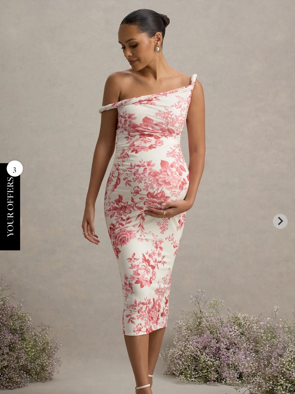 Club L London Salome One-Shoulder Floral Maternity Midi Dress in Cream and Pink